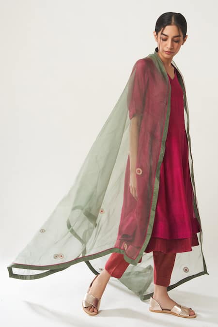 Dot_Pink Organza, Tissue, Chanderi V Neck Anarkali Set _Online_at_Aza_Fashions