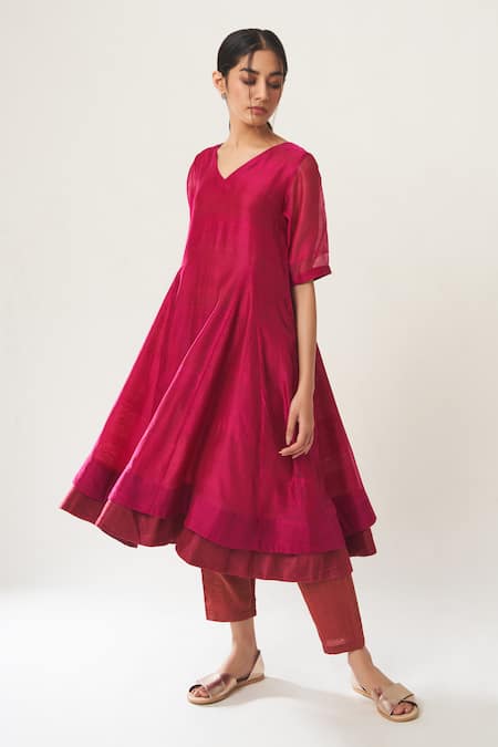 Buy_Dot_Pink Organza, Tissue, Chanderi V Neck Anarkali Set _Online_at_Aza_Fashions