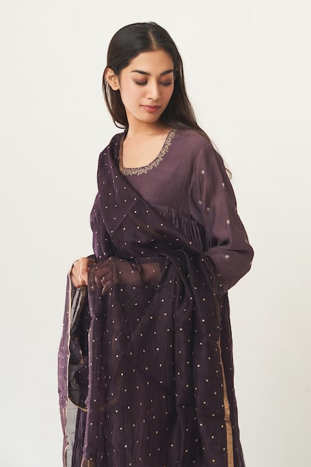 Buy_Dot_Purple Chanderi Round Gathered Anarkali Set _Online_at_Aza_Fashions