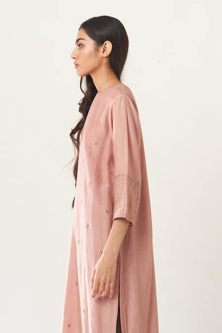 Shop_Dot_Pink Cotton Silk Round Embroidered Kurta And Pant Set _Online_at_Aza_Fashions