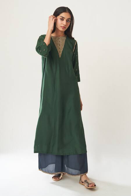 Dot_Green Cotton Silk Round Embroidered Anarkali And Palazzo Set _Online_at_Aza_Fashions