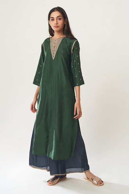 Buy_Dot_Green Cotton Silk Round Embroidered Anarkali And Palazzo Set _Online_at_Aza_Fashions