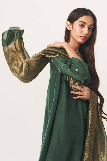 Shop_Dot_Green Cotton Silk Round Embroidered Anarkali And Palazzo Set _Online_at_Aza_Fashions