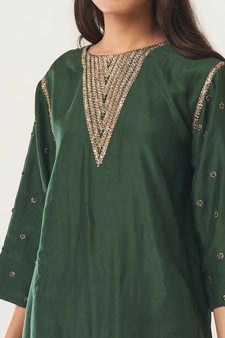 Dot_Green Cotton Silk Round Embroidered Anarkali And Palazzo Set _at_Aza_Fashions