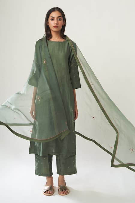 Dot Green Organza, Chanderi Straight Kurta Set 