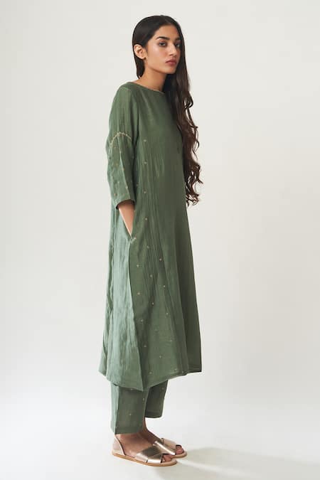 Dot Green Organza, Chanderi Straight Kurta Set Online at Aza Fashions Dot_Green Organza, Chanderi Straight Kurta Set _Online_at_Aza_Fashions