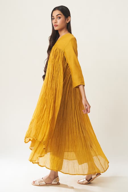 Shop Dot Yellow Chanderi V Neck Anarkali And Pant Set at Aza Fashions Shop_Dot_Yellow Chanderi V Neck Anarkali And Pant Set _at_Aza_Fashions
