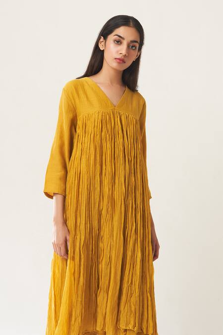 Dot Yellow Chanderi V Neck Anarkali And Pant Set Online at Aza Fashions Dot_Yellow Chanderi V Neck Anarkali And Pant Set _Online_at_Aza_Fashions