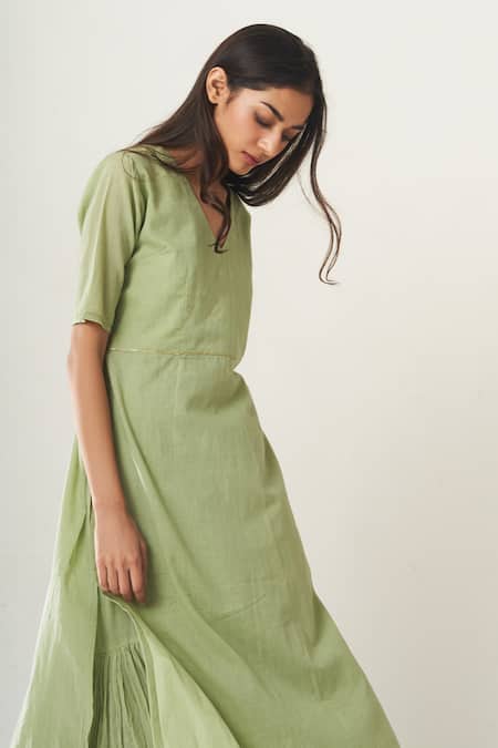 Dot_Green Cotton, Organza V Neck Kurta Set With Embroidered Dupatta _Online_at_Aza_Fashions