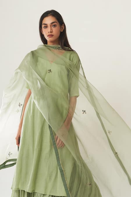 Buy_Dot_Green Cotton, Organza V Neck Kurta Set With Embroidered Dupatta _Online_at_Aza_Fashions