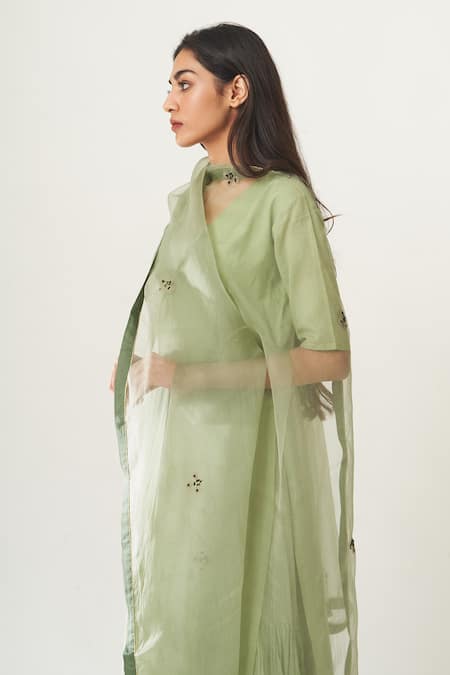 Shop_Dot_Green Cotton, Organza V Neck Kurta Set With Embroidered Dupatta _Online_at_Aza_Fashions