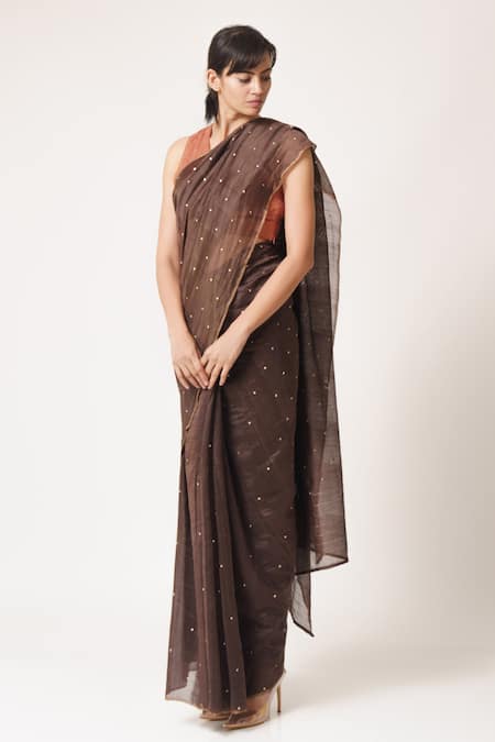 Dot Brown Chanderi V Neck Saree With Blouse 