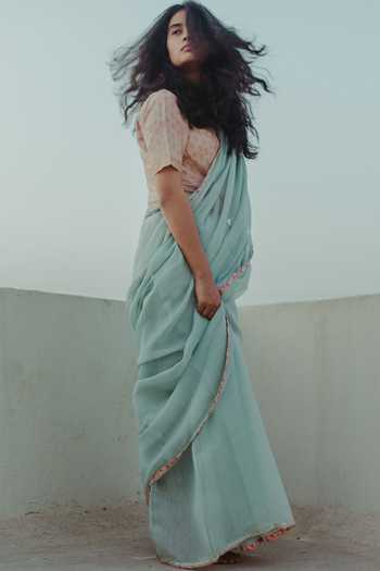 Dot_Blue Chanderi Saree _Online_at_Aza_Fashions