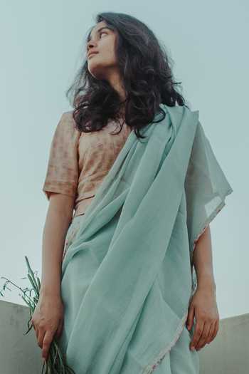 Buy_Dot_Blue Chanderi Saree _Online_at_Aza_Fashions