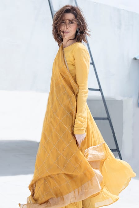 Shop Dot Yellow Silk, Cotton Boat Anarkali With Dupatta at Aza Fashions Shop_Dot_Yellow Silk, Cotton Boat Anarkali With Dupatta _at_Aza_Fashions