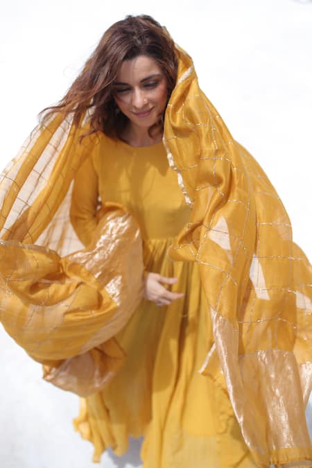 Dot_Yellow Silk, Cotton Boat Anarkali With Dupatta _Online_at_Aza_Fashions