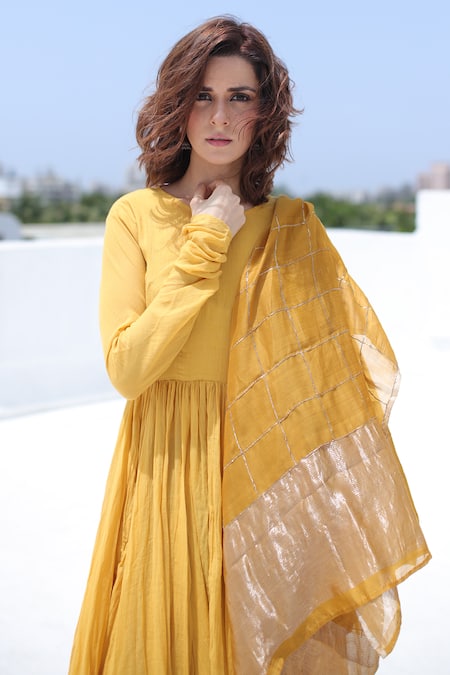 Dot Yellow Cotton Boat Anarkali With Dupatta 