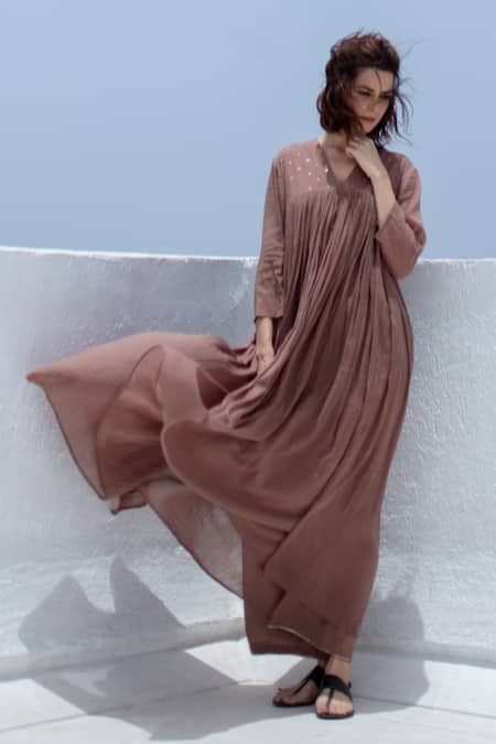 Dot Brown Cotton V Neck Anarkali And Pant Set Online at Aza Fashions Dot_Brown Cotton V Neck Anarkali And Pant Set _Online_at_Aza_Fashions