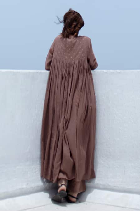 Shop Dot Brown Cotton V Neck Anarkali And Pant Set at Aza Fashions Shop_Dot_Brown Cotton V Neck Anarkali And Pant Set _at_Aza_Fashions