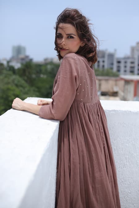 Buy Dot Brown Cotton V Neck Anarkali And Pant Set Online at Aza Fashions Buy_Dot_Brown Cotton V Neck Anarkali And Pant Set _Online_at_Aza_Fashions