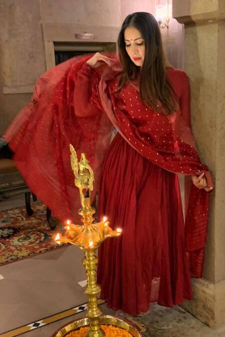 Dot Red Cotton, Chanderi Round Anarkali With Dupatta Online at Aza Fashions Dot_Red Cotton, Chanderi Round Anarkali With Dupatta _Online_at_Aza_Fashions