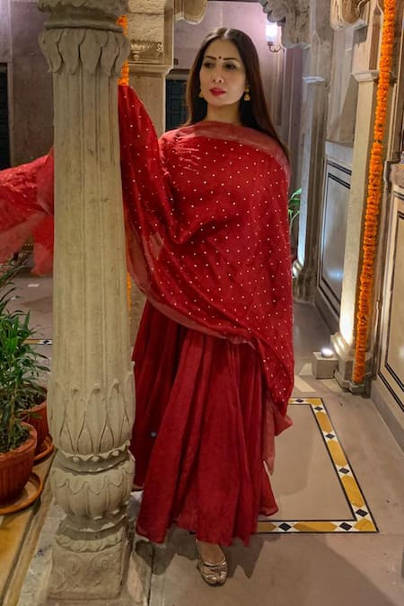 Shop Dot Red Cotton, Chanderi Round Anarkali With Dupatta at Aza Fashions Shop_Dot_Red Cotton, Chanderi Round Anarkali With Dupatta _at_Aza_Fashions
