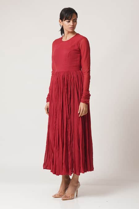 Buy_Dot_Red Cotton, Chanderi Round Anarkali With Dupatta _Online_at_Aza_Fashions