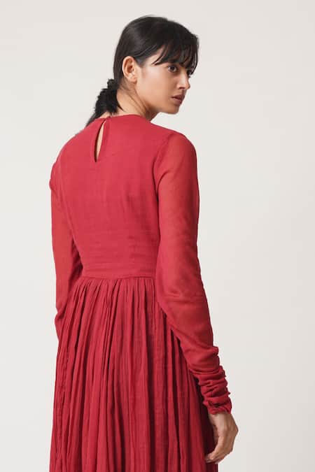 Shop_Dot_Red Cotton, Chanderi Round Anarkali With Dupatta _Online_at_Aza_Fashions