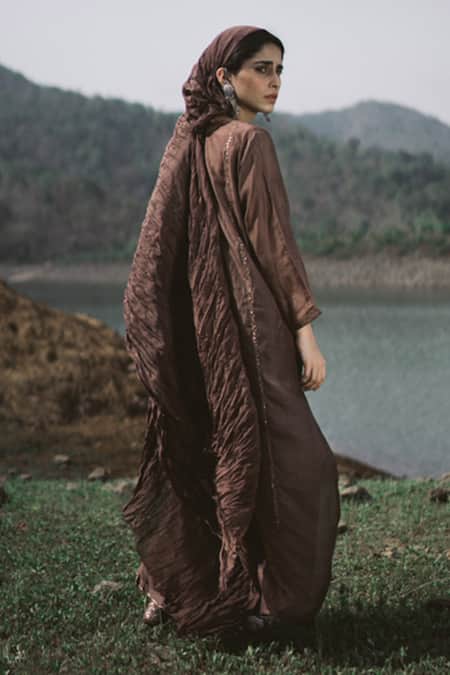 Shop Dot Brown Kurta And Pant Silk Dupatta Chanderi Round Set at Aza Fashions Shop_Dot_Brown Kurta And Pant Silk Dupatta Chanderi Round Set _at_Aza_Fashions