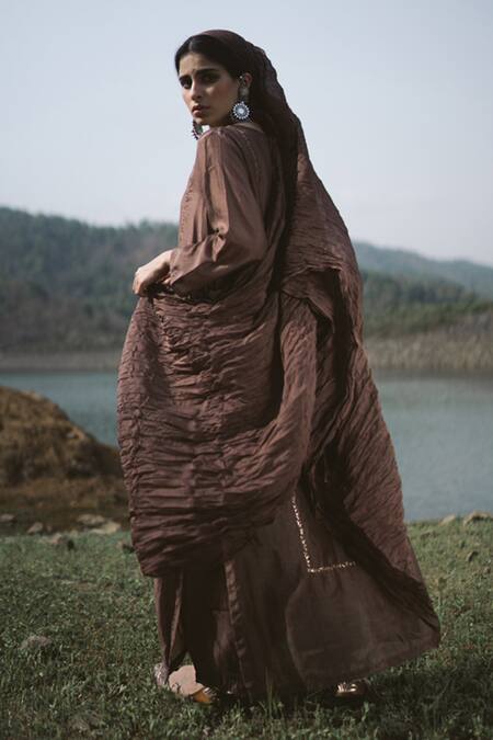 Dot Brown Kurta And Pant Silk Dupatta Chanderi Round Set Online at Aza Fashions Dot_Brown Kurta And Pant Silk Dupatta Chanderi Round Set _Online_at_Aza_Fashions