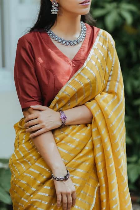 Dot_Yellow Handwoven Chanderi Saree With Silk Blouse _Online_at_Aza_Fashions