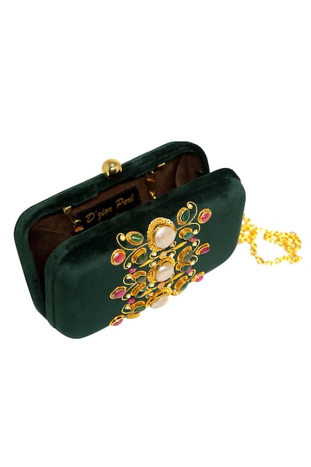 Dzior Perl_Green Zari, Pearls Velvet Embellished Clutch _Online_at_Aza_Fashions