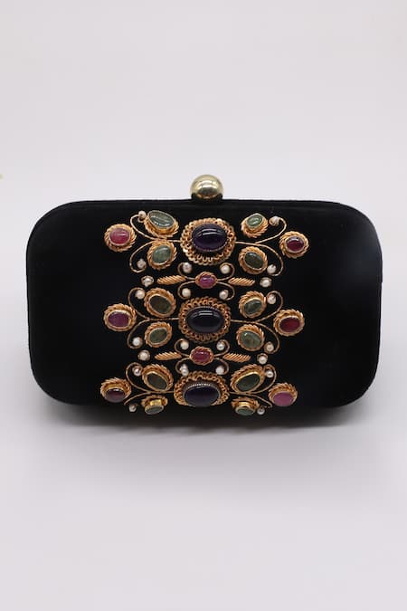 Dzior Perl_Black Embroidery, Beads, Zari Embellished Velvet Clutch _Online_at_Aza_Fashions