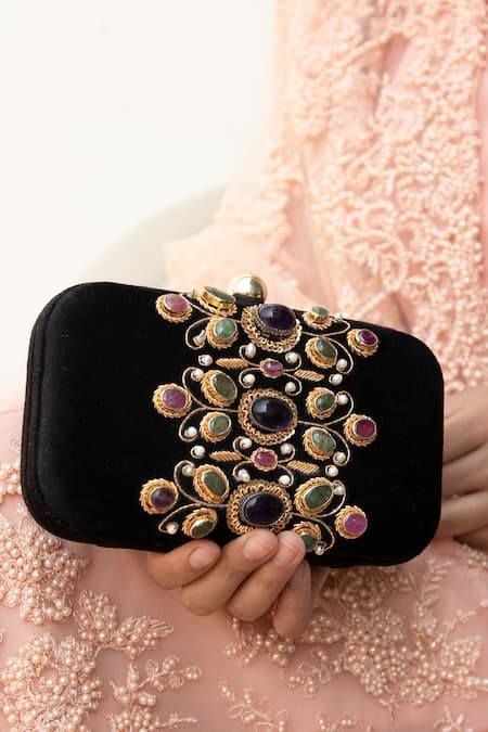 Buy_Dzior Perl_Black Embroidery, Beads, Zari Embellished Velvet Clutch _Online_at_Aza_Fashions