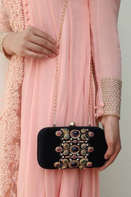 Shop_Dzior Perl_Black Embroidery, Beads, Zari Embellished Velvet Clutch _Online_at_Aza_Fashions