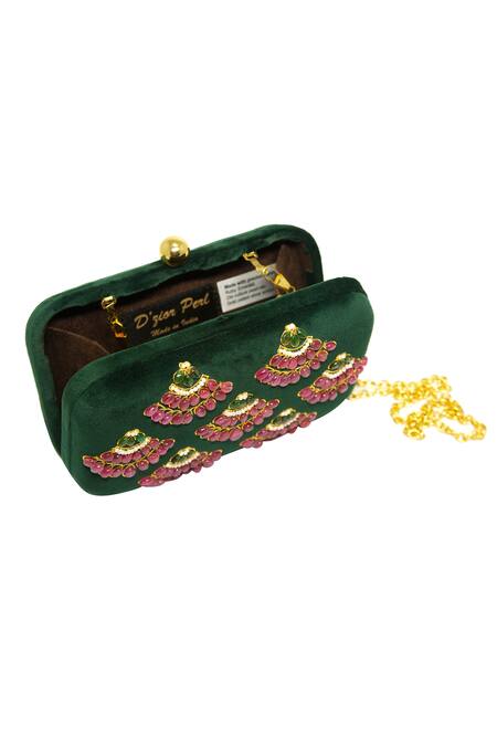 Dzior Perl_Green Embroidery Zambian Emerald Embellished Clutch _Online_at_Aza_Fashions