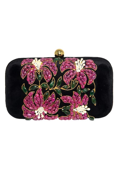Dzior Perl Floral Motif Embellished Clutch 