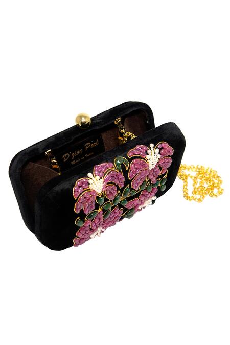 Dzior Perl_Black Pearls, Zari, Crystals Floral Motif Embellished Clutch _Online_at_Aza_Fashions