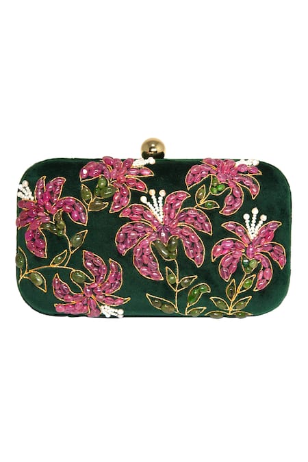 Dzior Perl Floral Embellished Velvet Clutch 