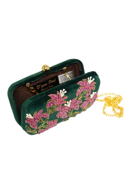 Dzior Perl_Green Pearls, Zari, Stones Floral Embellished Velvet Clutch _Online_at_Aza_Fashions