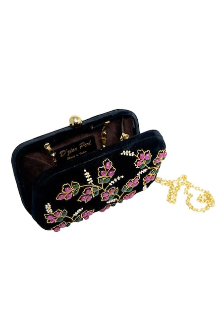 Dzior Perl_Black Pearls, Stones Velvet Floral Embellished Clutch _Online_at_Aza_Fashions