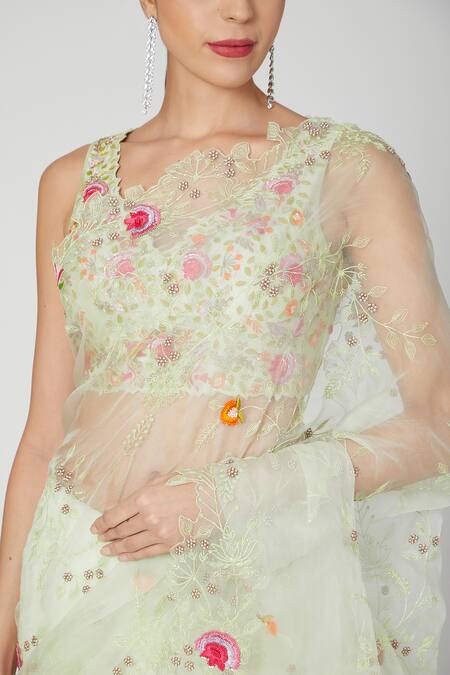 Buy_Priyanka Jain_Green Georgette Embroidered Pre-draped Saree _Online_at_Aza_Fashions