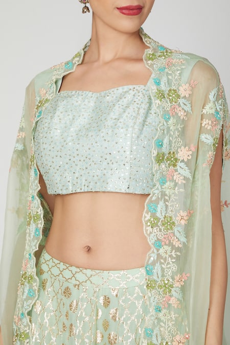Buy_Priyanka Jain_Blue Chanderi, Dupion Embroidered Cape And Lehenga Set _Online_at_Aza_Fashions