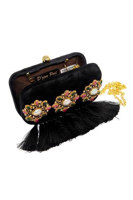 Dzior Perl_Black Pearls, Zari Tasselled Velvet Clutch _Online_at_Aza_Fashions