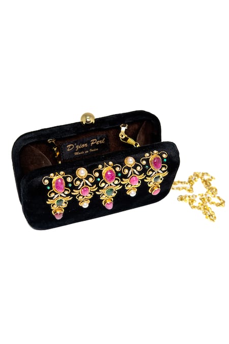 Dzior Perl_Black Pearls, Stones Ruby Embellished Clutch _Online_at_Aza_Fashions