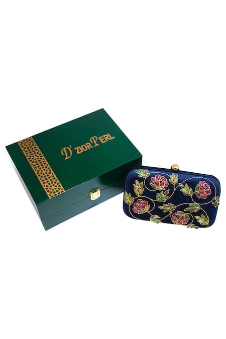 Dzior Perl Blue Embellished Floral Jaal Clutch