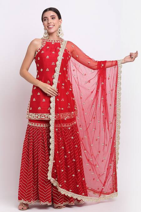 Priyanka Jain Red Dupion, Georgette And Net Lining Shantoon Cutdana, Sequin Kurta Sharara Set Online at Aza Fashions Priyanka Jain_Red Dupion, Georgette And Net Lining Shantoon Cutdana, Sequin Kurta Sharara Set _Online_at_Aza_Fashions