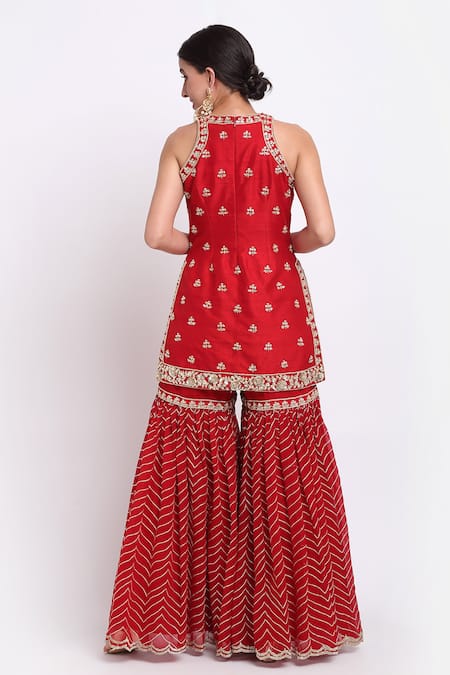 Shop Priyanka Jain Red Dupion, Georgette And Net Lining Shantoon Cutdana, Sequin Kurta Sharara Set at Aza Fashions Shop_Priyanka Jain_Red Dupion, Georgette And Net Lining Shantoon Cutdana, Sequin Kurta Sharara Set _at_Aza_Fashions