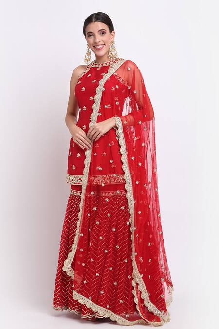 Buy Priyanka Jain Red Dupion, Georgette And Net Lining Shantoon Cutdana, Sequin Kurta Sharara Set Online at Aza Fashions Buy_Priyanka Jain_Red Dupion, Georgette And Net Lining Shantoon Cutdana, Sequin Kurta Sharara Set _Online_at_Aza_Fashions