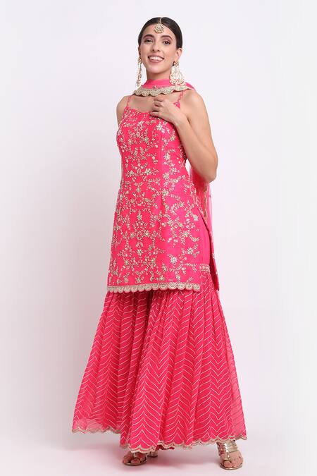 Priyanka Jain_Pink Dupion, Georgette And Net Lining Shantoon Cutdana, Sequin Kurta Sharara Set _Online_at_Aza_Fashions